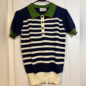 OXKNIT Women's Striped Polo Shirt - Navy, Green, and White Small